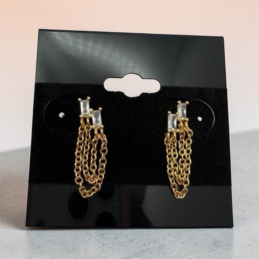 18kt Gold Plated Chain Shape Dangle Drop Earrings CZ Lobe Fashion Jewelry